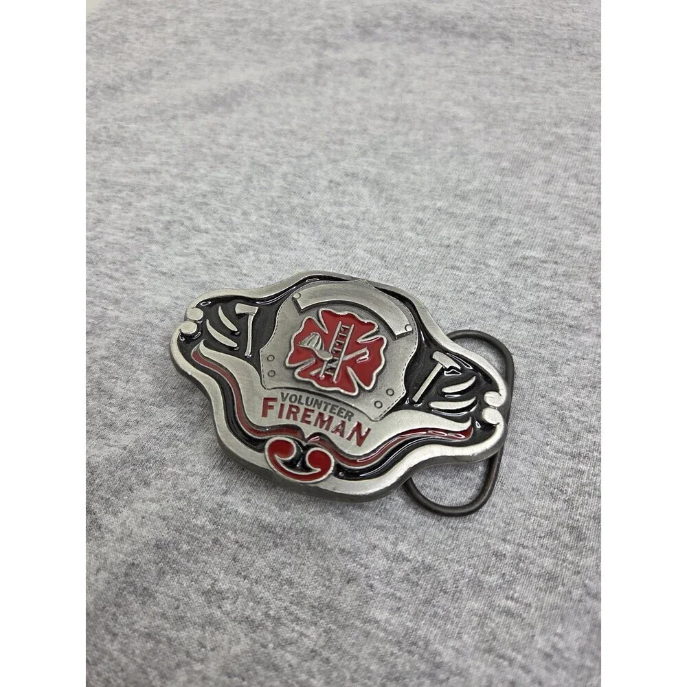Vintage Volunteer Fireman Red Enamel Maltese Cross Belt Buckle